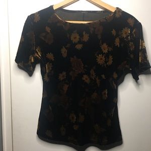 Black and Gold Floral Print Crushed Velvet Vintage Whimsigoth Shirt